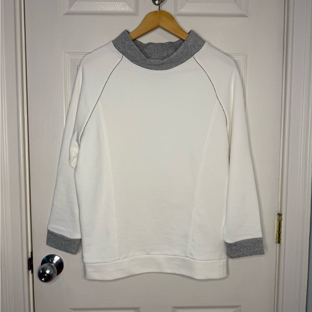 Hubert Gasser Round Neck White, Gray Pullover Sweatshirt 3/4 Sleeve Small